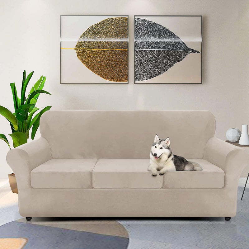ZNSAYOTX Luxury Velvet Couch Cover 4 Piece (72"-92") Stretch Sofa Covers for 3 Cushion Couch Thick Soft Sofa Slipcover with Non Slip Strap, Dog Pet Friendly Nice Furniture Protector (Khaki) - Image 3